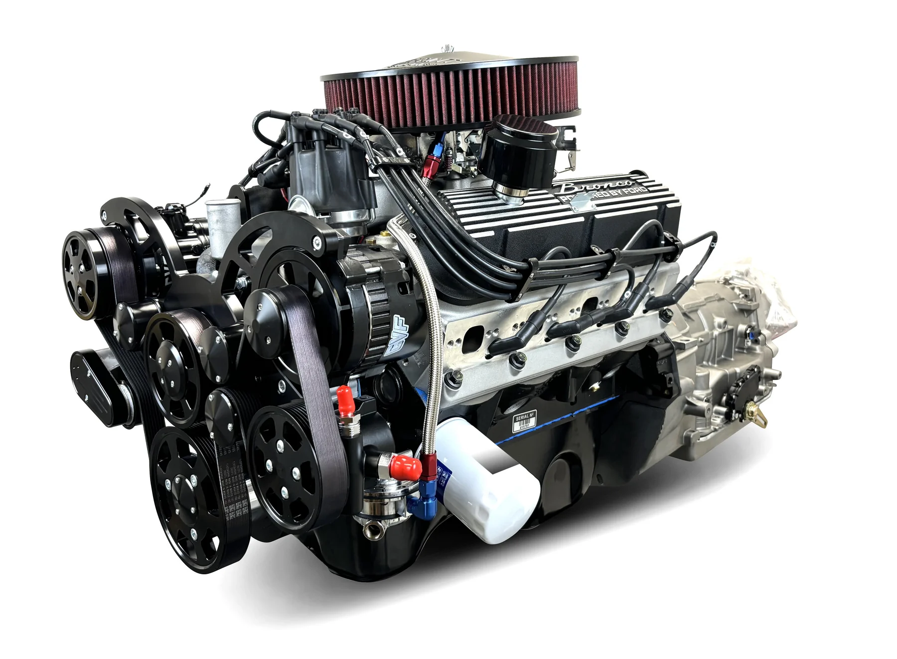 Ford Small Block Compatible 302 c.i. Engine and 4R70W Automatic Transmission - 365 Horsepower - Bronco Edition Builder Series with Black Pulley Kit - Carbureted